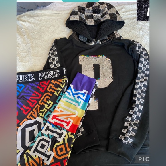 Vs PINK flip sequin bling Pullover hoodie black checkered bling 2018 collection - Picture 3 of 13